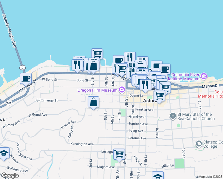 map of restaurants, bars, coffee shops, grocery stores, and more near 591 Commercial Street in Astoria
