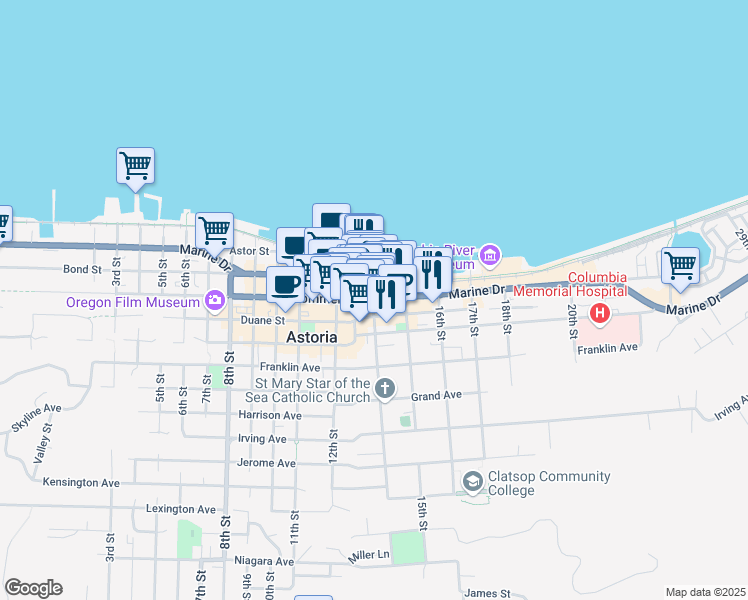map of restaurants, bars, coffee shops, grocery stores, and more near 1401 Commercial Street in Astoria
