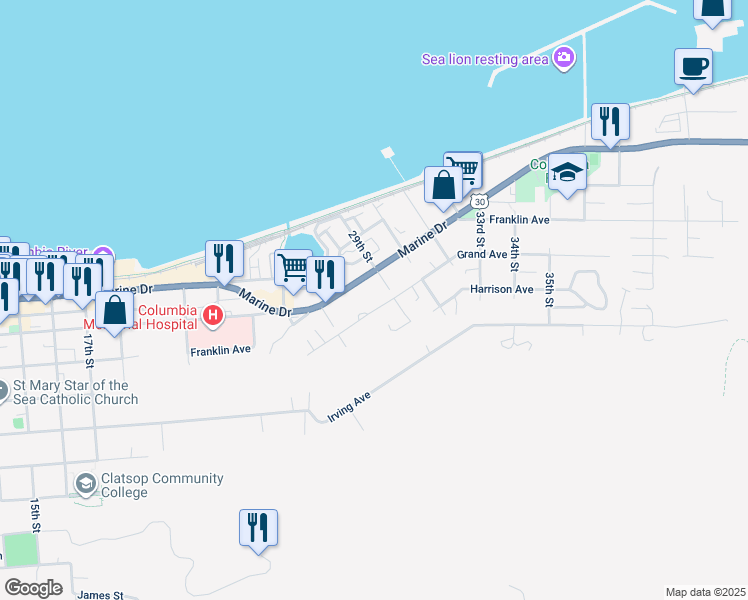 map of restaurants, bars, coffee shops, grocery stores, and more near 2840 Grand Avenue in Astoria