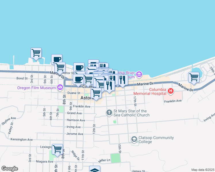 map of restaurants, bars, coffee shops, grocery stores, and more near 1421 Commercial Street in Astoria