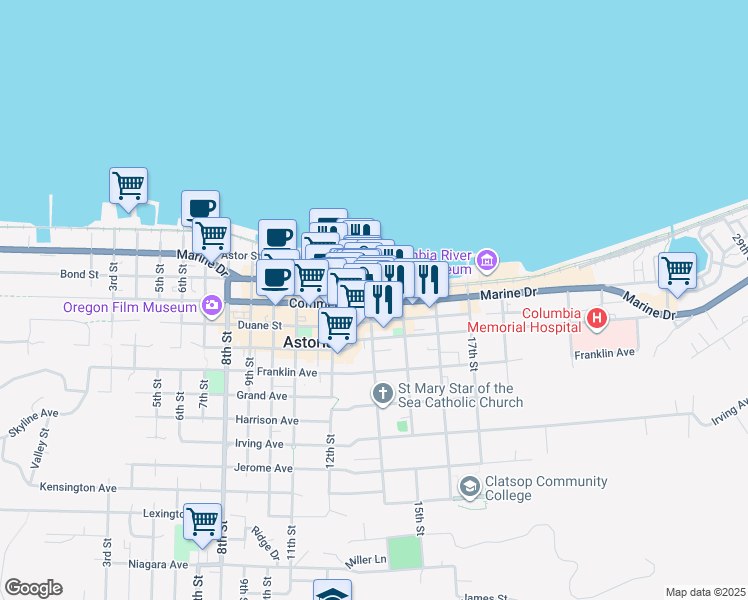 map of restaurants, bars, coffee shops, grocery stores, and more near 1421 Commercial Street in Astoria