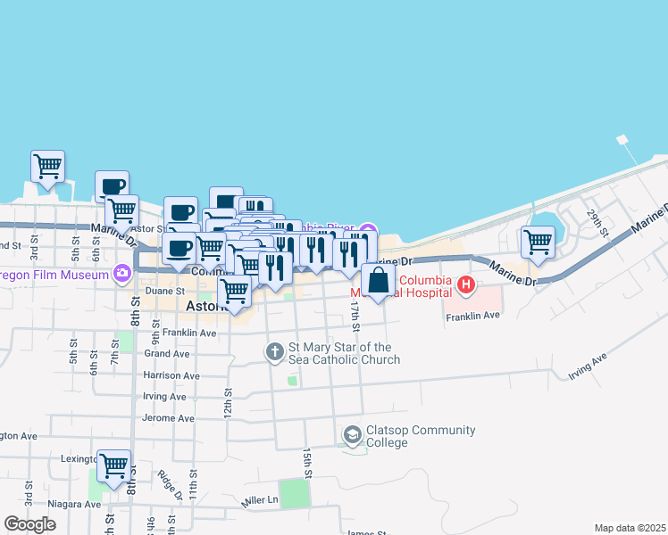map of restaurants, bars, coffee shops, grocery stores, and more near 1614 East Columbia River Highway in Astoria