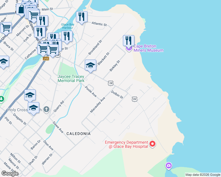 map of restaurants, bars, coffee shops, grocery stores, and more near 154 South Street in Glace Bay