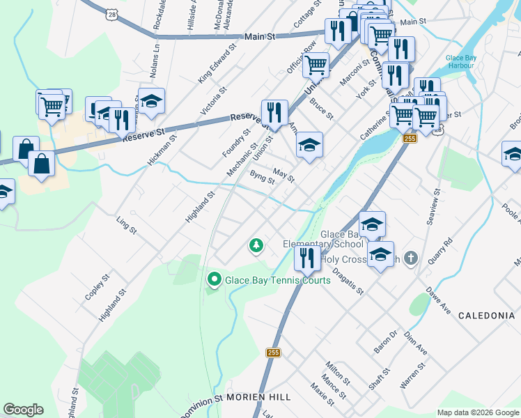 map of restaurants, bars, coffee shops, grocery stores, and more near 375 York Street in Glace Bay