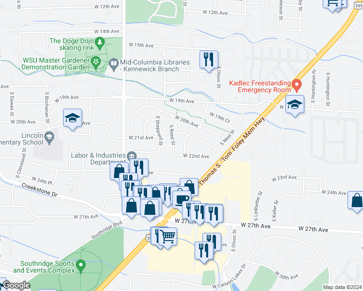 map of restaurants, bars, coffee shops, grocery stores, and more near 2106 South Quillan Street in Kennewick