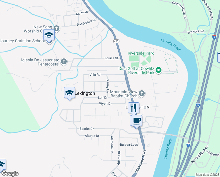 map of restaurants, bars, coffee shops, grocery stores, and more near 110 Penny Lane in Kelso