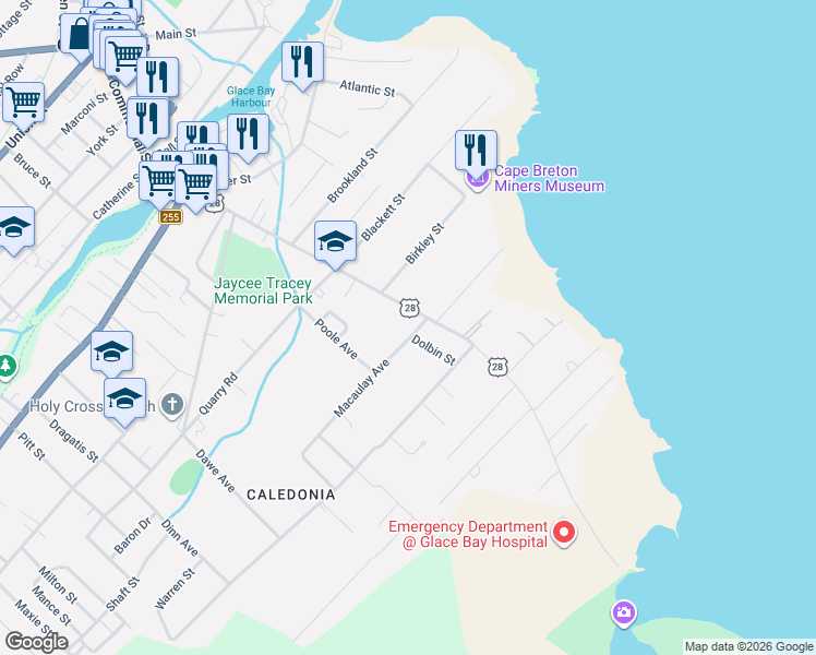 map of restaurants, bars, coffee shops, grocery stores, and more near 4 Macaulay Avenue in Glace Bay