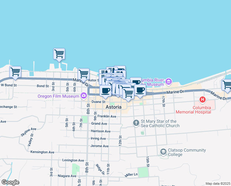 map of restaurants, bars, coffee shops, grocery stores, and more near 1154 Commercial Street in Astoria