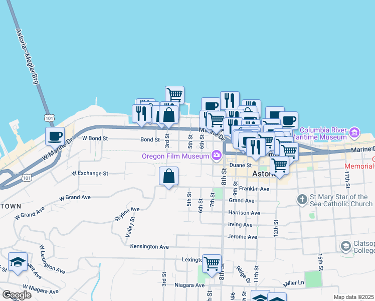 map of restaurants, bars, coffee shops, grocery stores, and more near 486 Commercial Street in Astoria