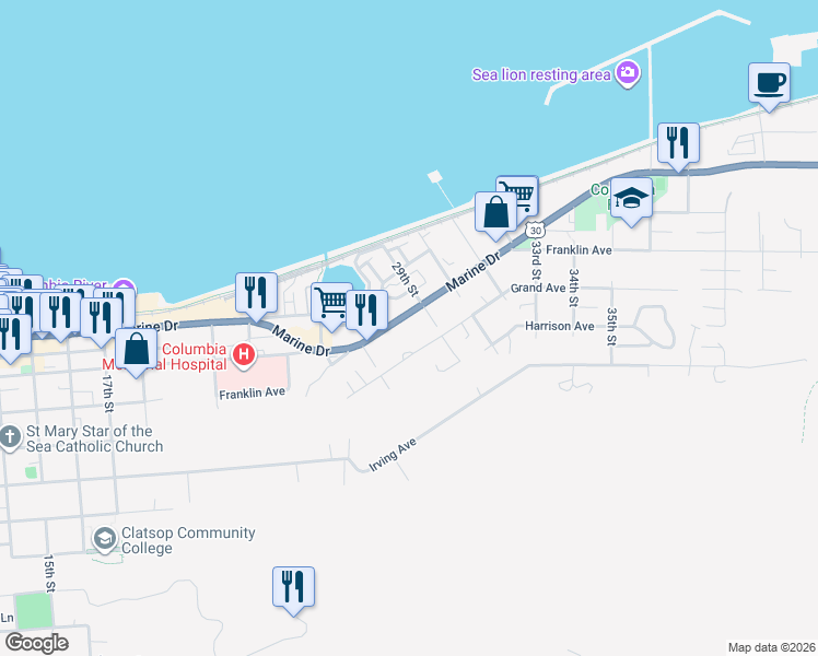 map of restaurants, bars, coffee shops, grocery stores, and more near 2813 Marine Drive in Astoria