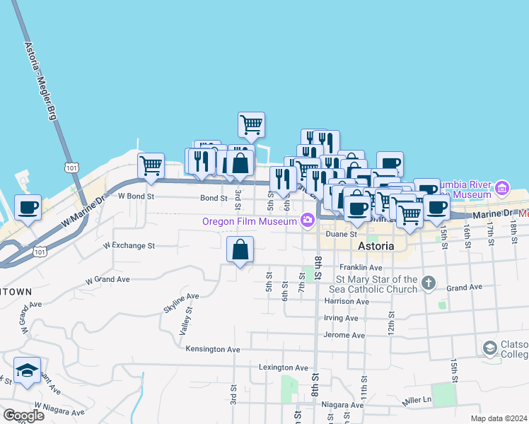 map of restaurants, bars, coffee shops, grocery stores, and more near 256 4th Street in Astoria
