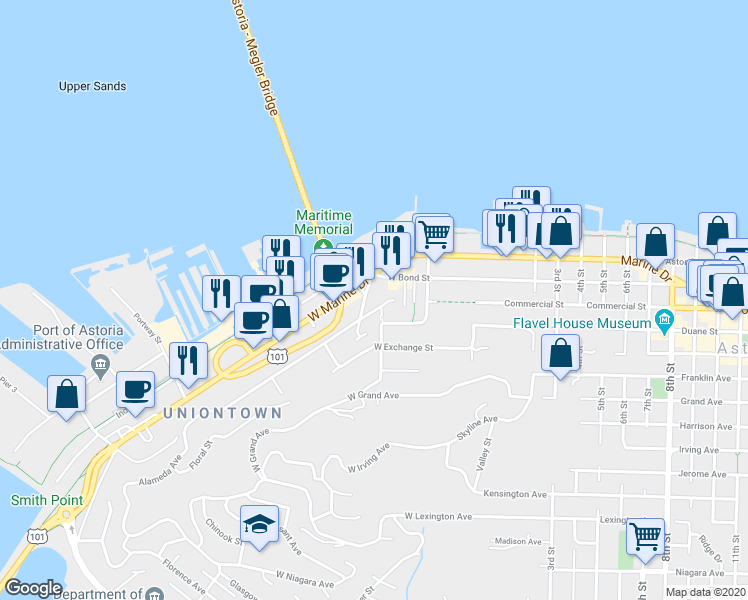 map of restaurants, bars, coffee shops, grocery stores, and more near 218 Alameda Avenue in Astoria