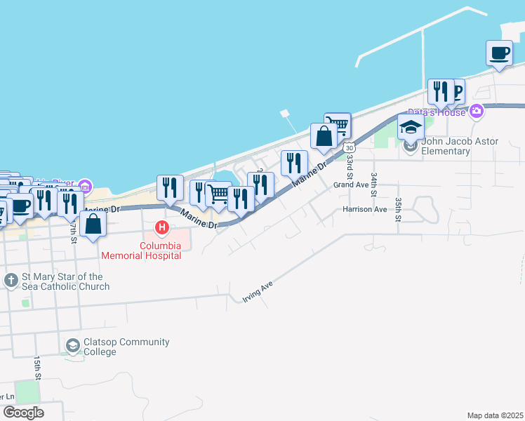 map of restaurants, bars, coffee shops, grocery stores, and more near 2813 Marine Drive in Astoria