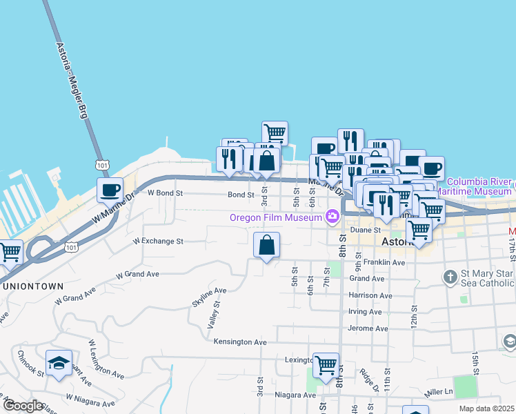 map of restaurants, bars, coffee shops, grocery stores, and more near 258 Commercial Street in Astoria