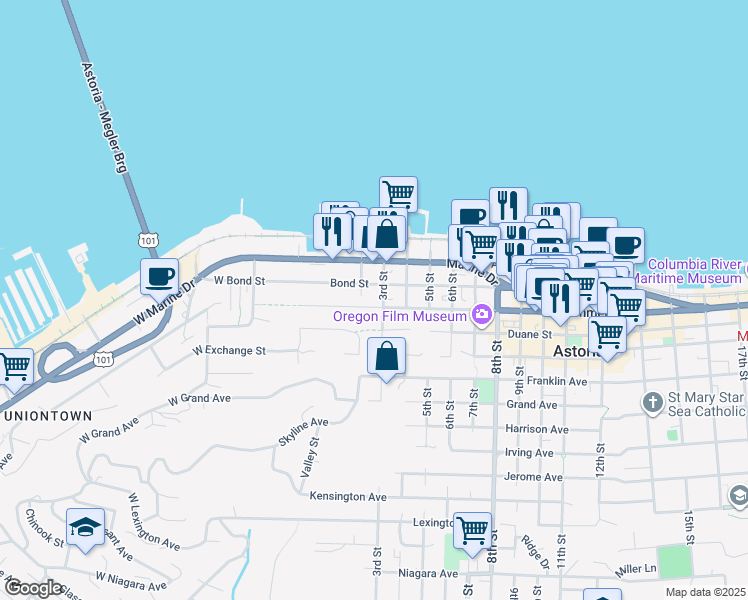 map of restaurants, bars, coffee shops, grocery stores, and more near 258 Commercial Street in Astoria