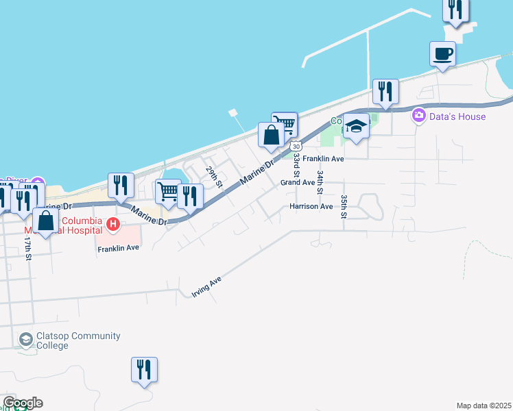 map of restaurants, bars, coffee shops, grocery stores, and more near 2991 Grand Avenue in Astoria