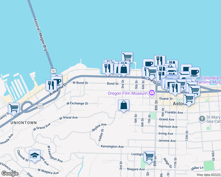 map of restaurants, bars, coffee shops, grocery stores, and more near 174 Commercial Street in Astoria