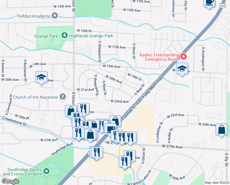 map of restaurants, bars, coffee shops, grocery stores, and more near 2102 South Quillan Street in Kennewick