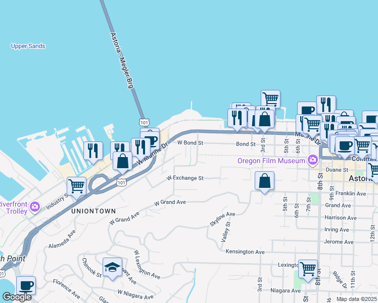 map of restaurants, bars, coffee shops, grocery stores, and more near 155 Flavel Street in Astoria
