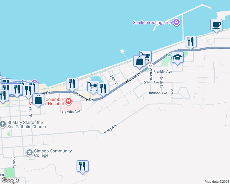 map of restaurants, bars, coffee shops, grocery stores, and more near 2813 Marine Drive in Astoria