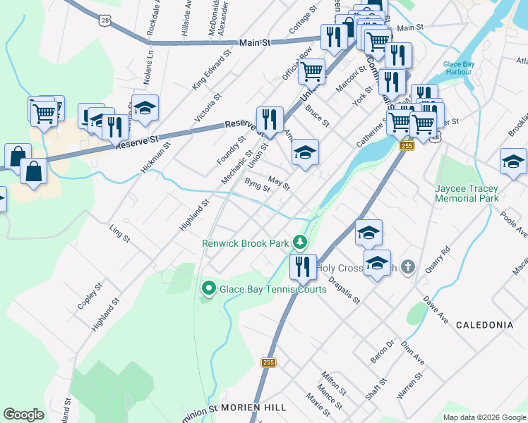 map of restaurants, bars, coffee shops, grocery stores, and more near 379 York Street in Glace Bay