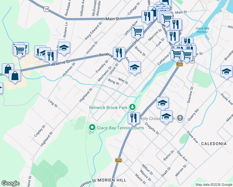 map of restaurants, bars, coffee shops, grocery stores, and more near 379 York Street in Glace Bay