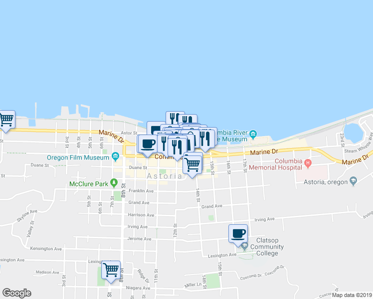 map of restaurants, bars, coffee shops, grocery stores, and more near 1295 Marine Drive in Astoria