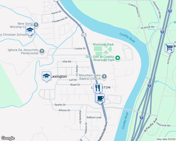map of restaurants, bars, coffee shops, grocery stores, and more near 103 Rainbow Way in Kelso