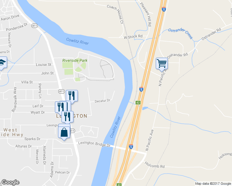 map of restaurants, bars, coffee shops, grocery stores, and more near 178 Decatur Drive in Kelso