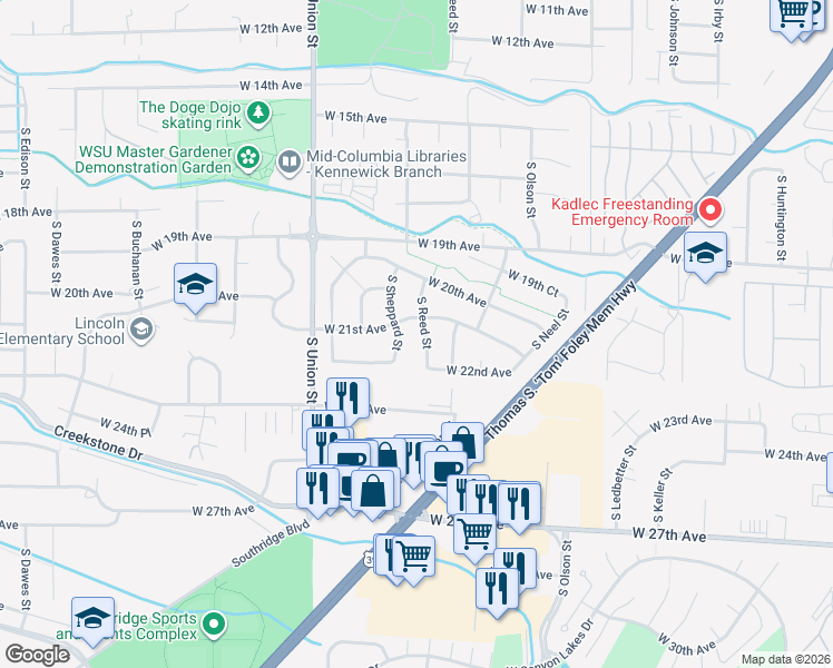 map of restaurants, bars, coffee shops, grocery stores, and more near 2104 South Reed Street in Kennewick