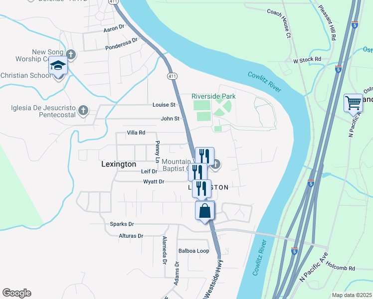 map of restaurants, bars, coffee shops, grocery stores, and more near 99 Rainbow Way in Kelso