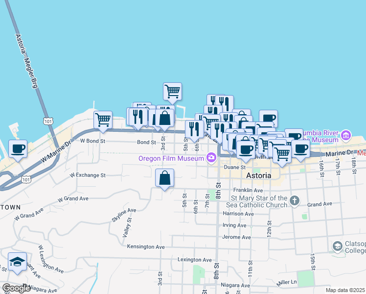 map of restaurants, bars, coffee shops, grocery stores, and more near 256 4th Street in Astoria