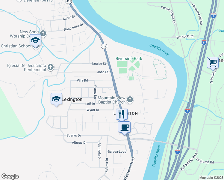 map of restaurants, bars, coffee shops, grocery stores, and more near 101 Rainbow Way in Kelso