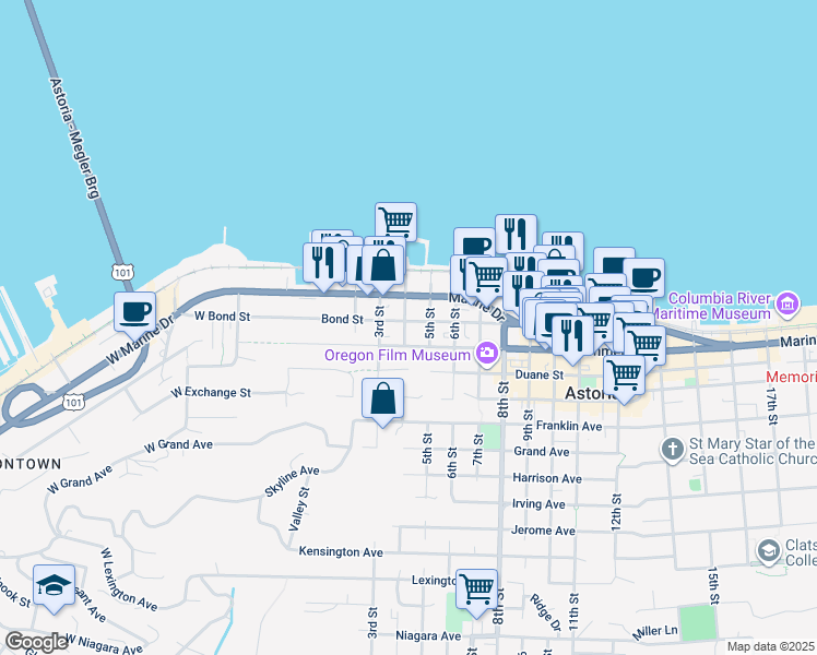 map of restaurants, bars, coffee shops, grocery stores, and more near 411 Bond Street in Astoria