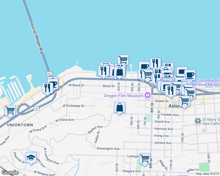 map of restaurants, bars, coffee shops, grocery stores, and more near 174 Commercial Street in Astoria