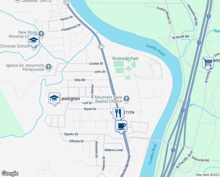 map of restaurants, bars, coffee shops, grocery stores, and more near 99 Rainbow Way in Kelso
