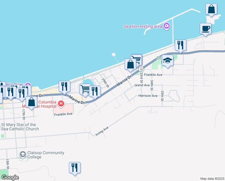 map of restaurants, bars, coffee shops, grocery stores, and more near 2911 Marine Drive in Astoria