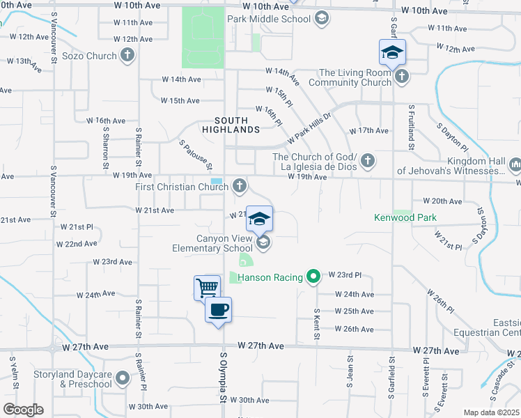 map of restaurants, bars, coffee shops, grocery stores, and more near 1217 West 21st Avenue in Kennewick