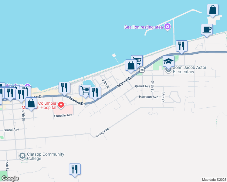 map of restaurants, bars, coffee shops, grocery stores, and more near 2921 Marine Drive in Astoria