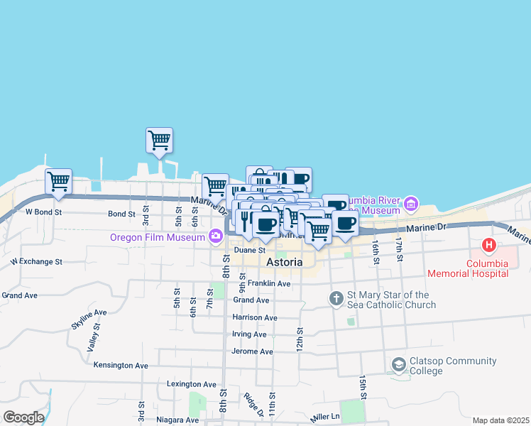 map of restaurants, bars, coffee shops, grocery stores, and more near 234 10th Street in Astoria