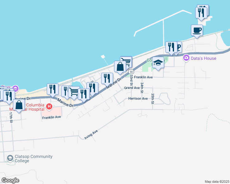 map of restaurants, bars, coffee shops, grocery stores, and more near 2991 Grand Avenue in Astoria