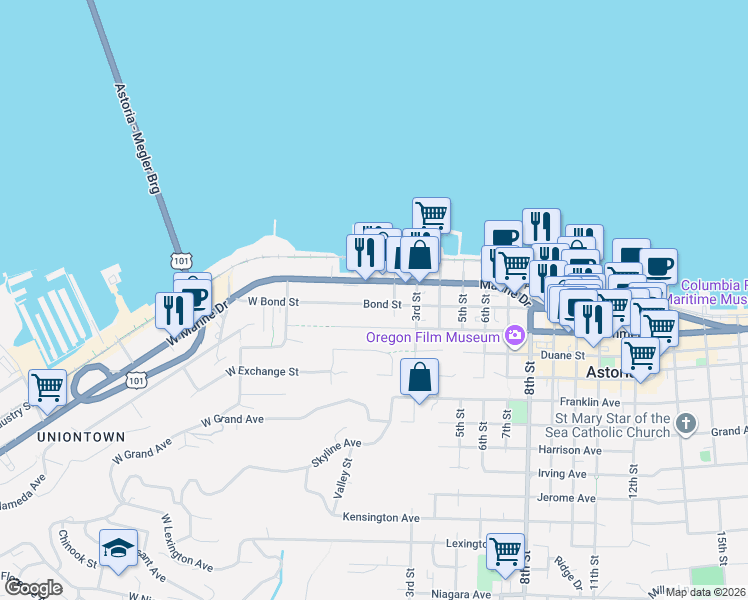 map of restaurants, bars, coffee shops, grocery stores, and more near 146 Bond Street in Astoria