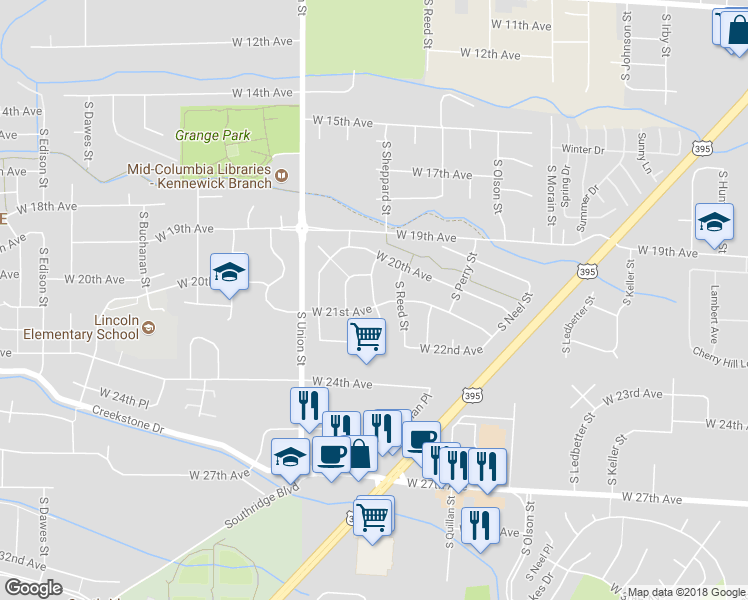 map of restaurants, bars, coffee shops, grocery stores, and more near 2099 South Sheppard Street in Kennewick