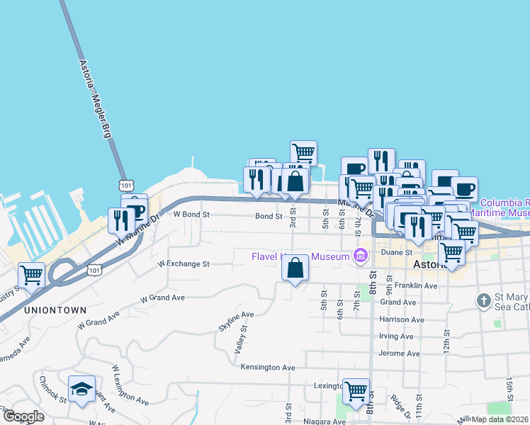 map of restaurants, bars, coffee shops, grocery stores, and more near 156 Bond Street in Astoria