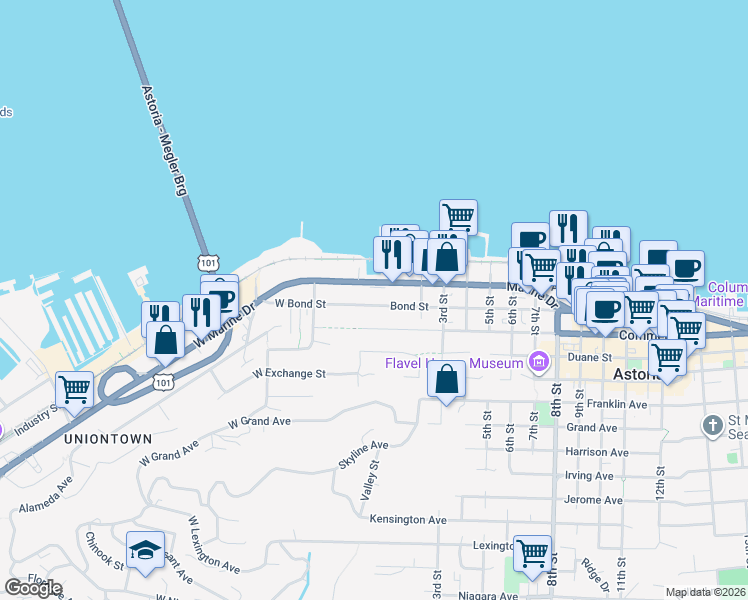 map of restaurants, bars, coffee shops, grocery stores, and more near 40 West Bond Street in Astoria