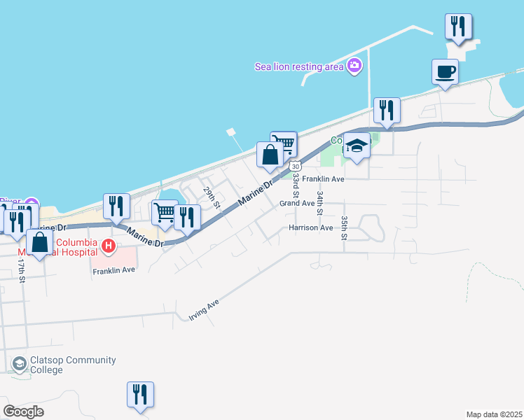 map of restaurants, bars, coffee shops, grocery stores, and more near 2991 Grand Avenue in Astoria