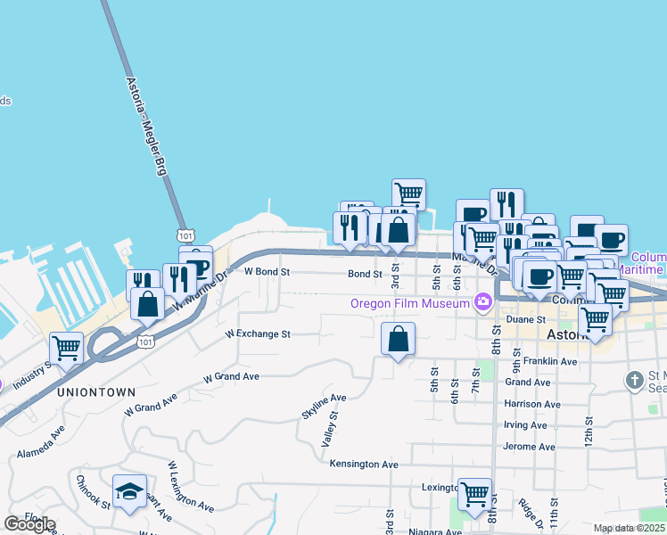 map of restaurants, bars, coffee shops, grocery stores, and more near 112 Commercial Street in Astoria