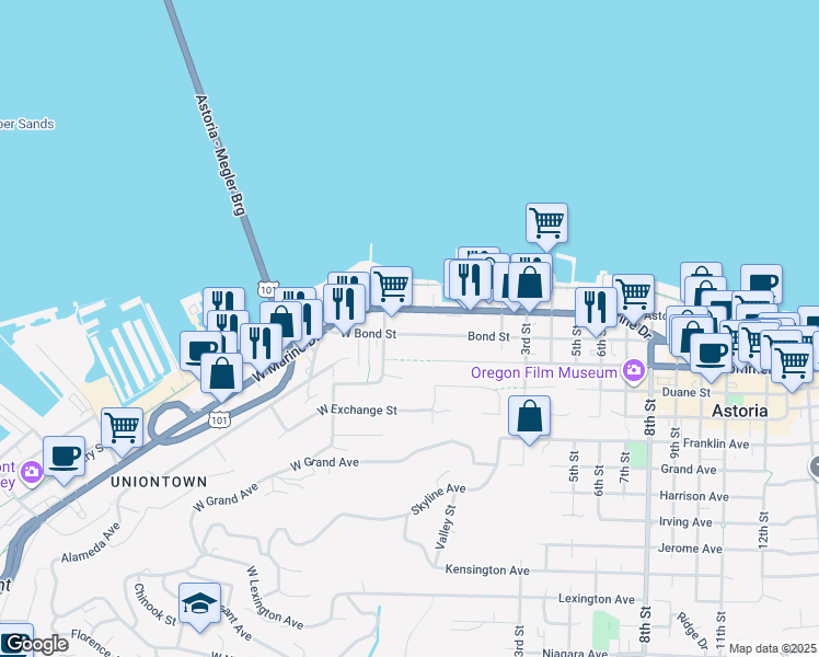 map of restaurants, bars, coffee shops, grocery stores, and more near 174 Commercial Street in Astoria