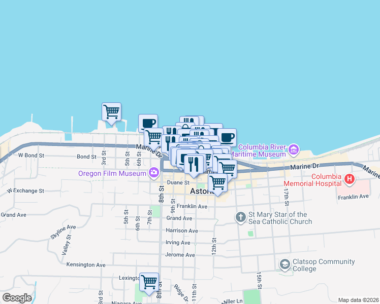 map of restaurants, bars, coffee shops, grocery stores, and more near 234 10th Street in Astoria