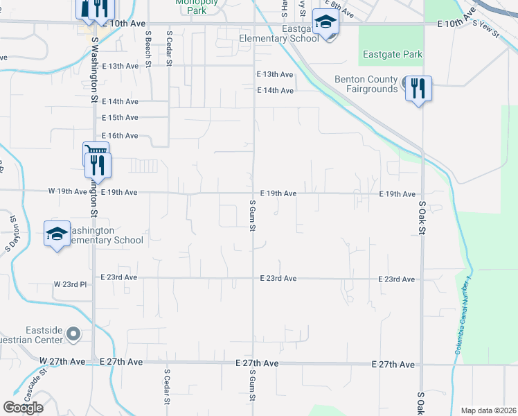 map of restaurants, bars, coffee shops, grocery stores, and more near 1826 South Gum Street in Kennewick
